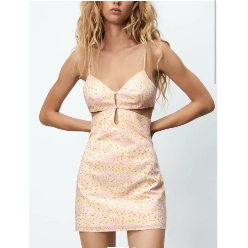 Zara Floral Cutout Mini Dress Pink Orange Summer Boho Size Medium